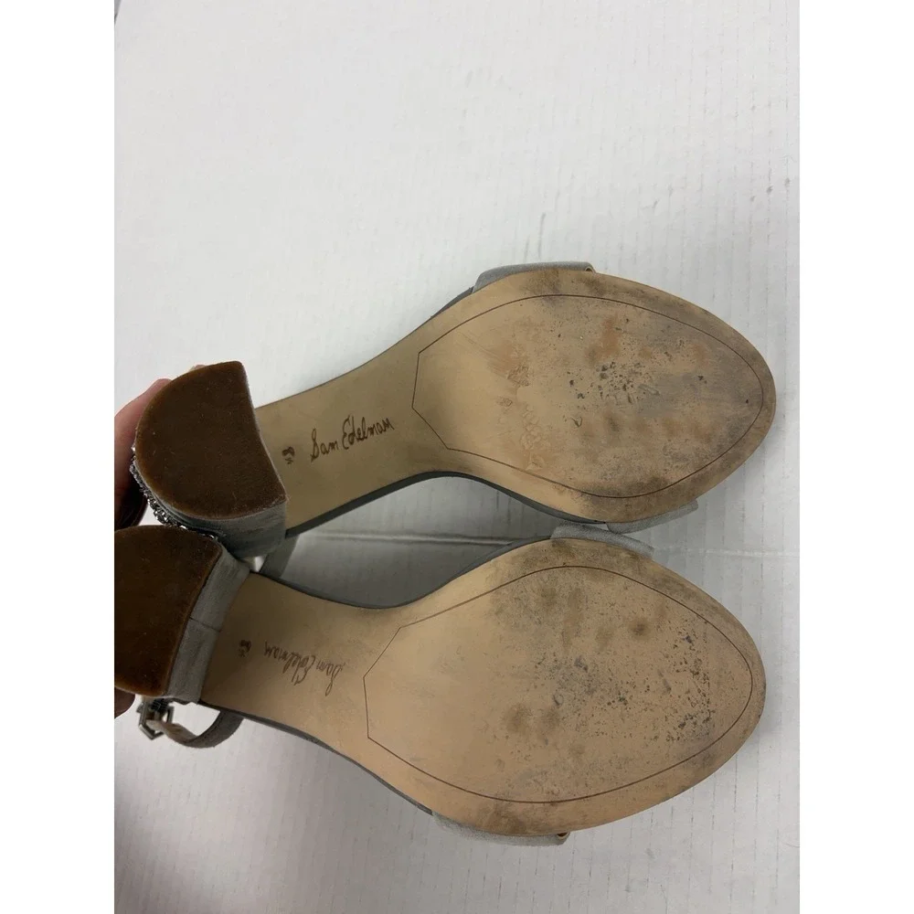 Sam Edelman Yaro 2 Jeweled Block Heel Ankle Strap Sandals Gray Suede 8.5M